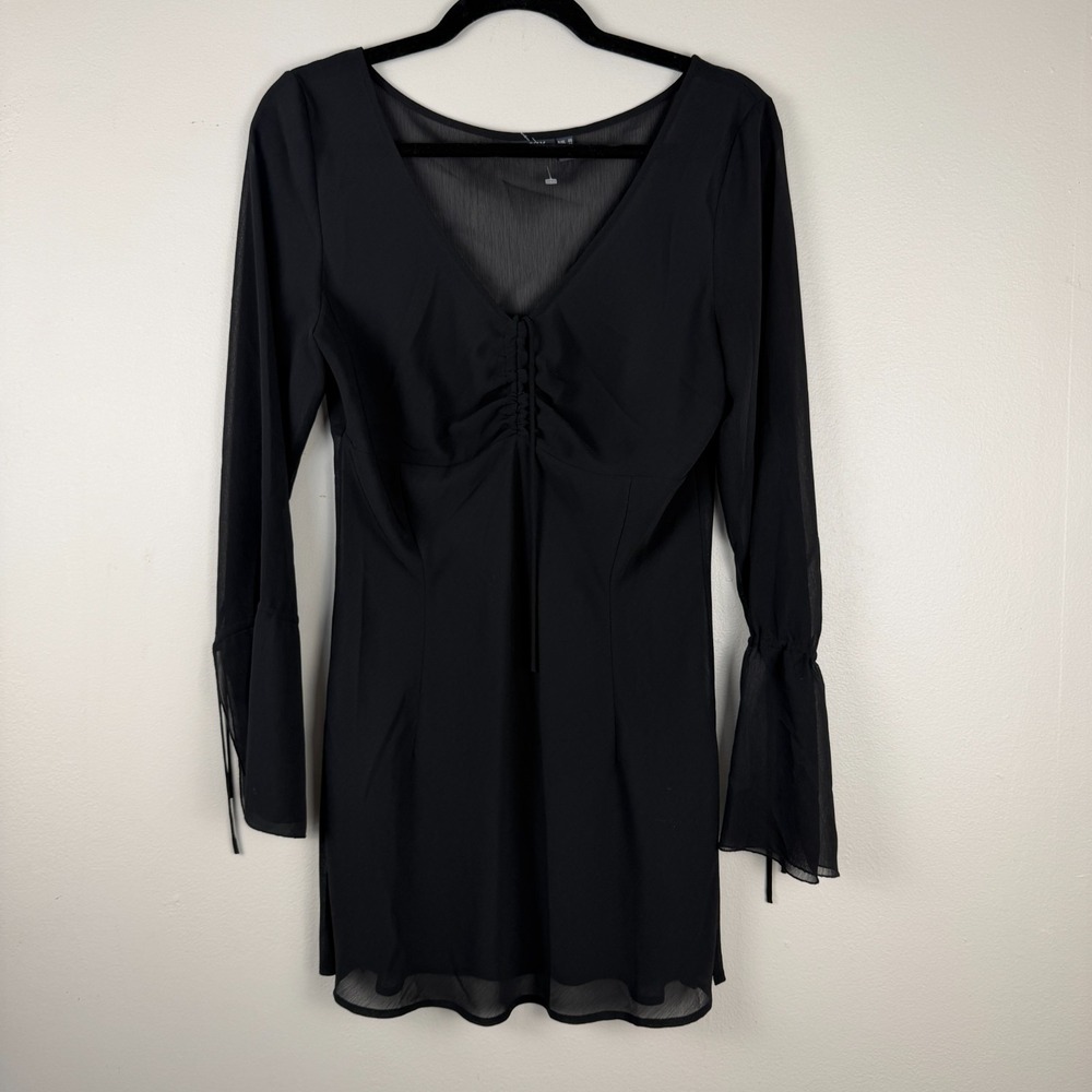 Mexx Sheer Top Shirt Women's Small Black Long Sleeve V-Neck Tie Front Pullover
